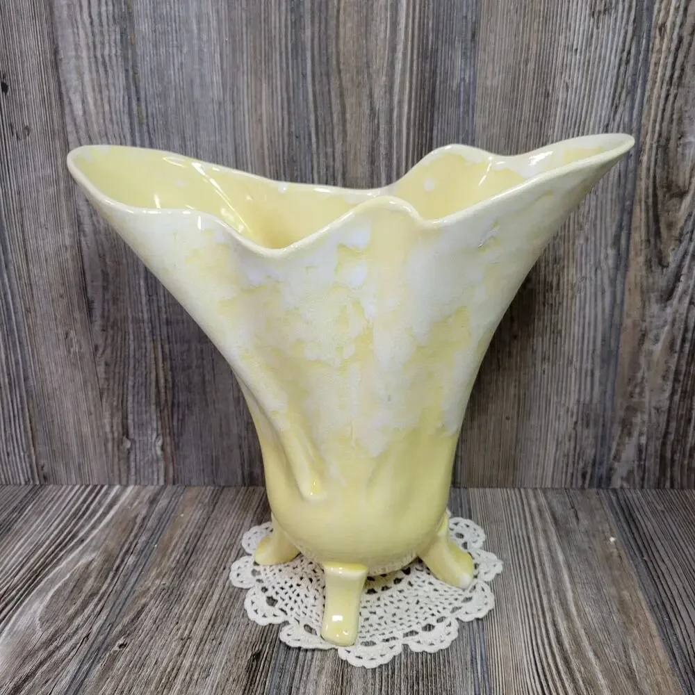 Vintage Brush Pottery USA 923 Yellow Drip Glaze Footed Large Flared Vase McCoy